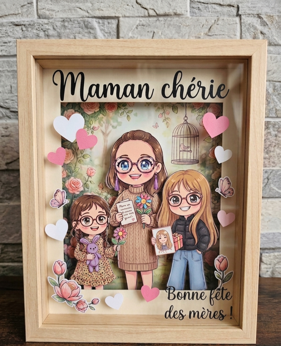 Shadow Box Personnalisée – Cadre 3D avec Portrait Illustration Style Manga/Chibi – Cadeau Unique Famille & Couple – Image 2