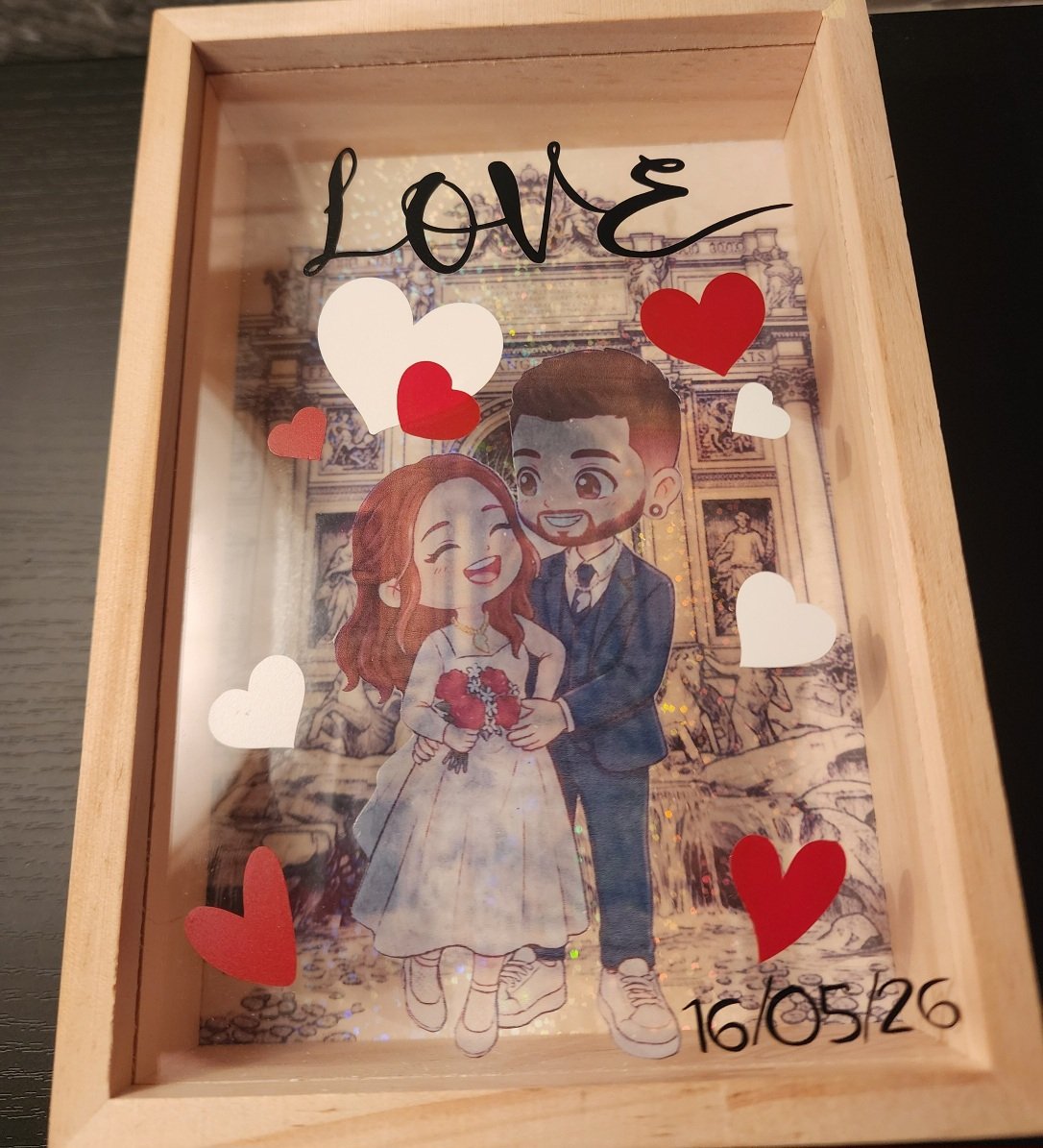 Shadow Box Personnalisée – Cadre 3D avec Portrait Illustration Style Manga/Chibi – Cadeau Unique Famille & Couple